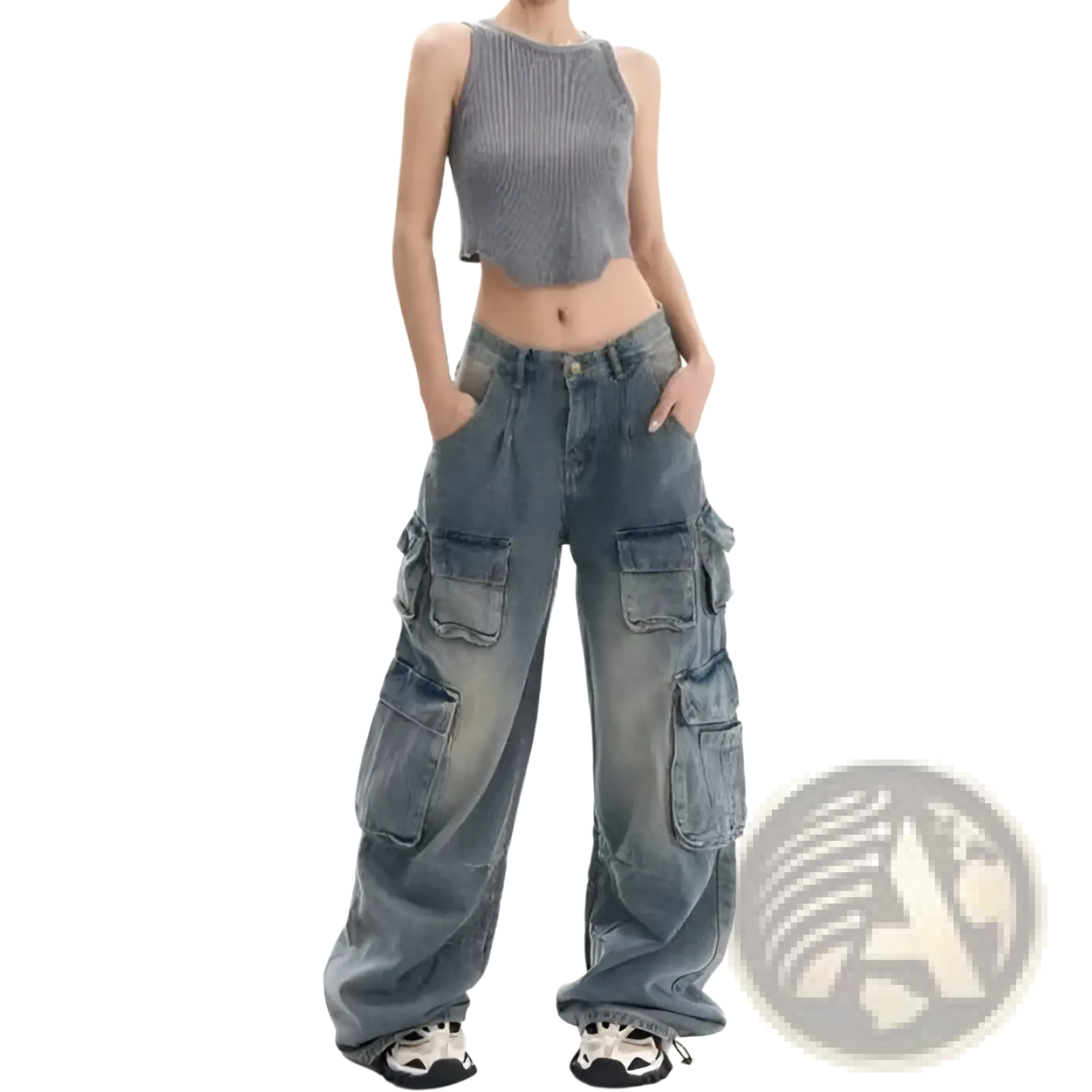 Distressed wide leg denim cargo pants in faded blue wash with multiple large pockets for casual wear