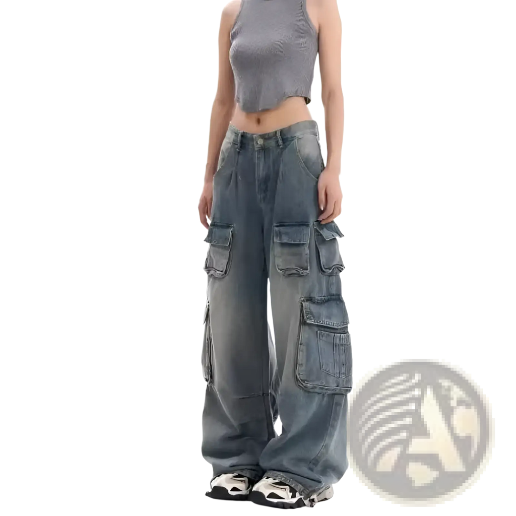 Distressed wide leg denim cargo pants in faded blue wash with multiple large pockets and wide leg fit