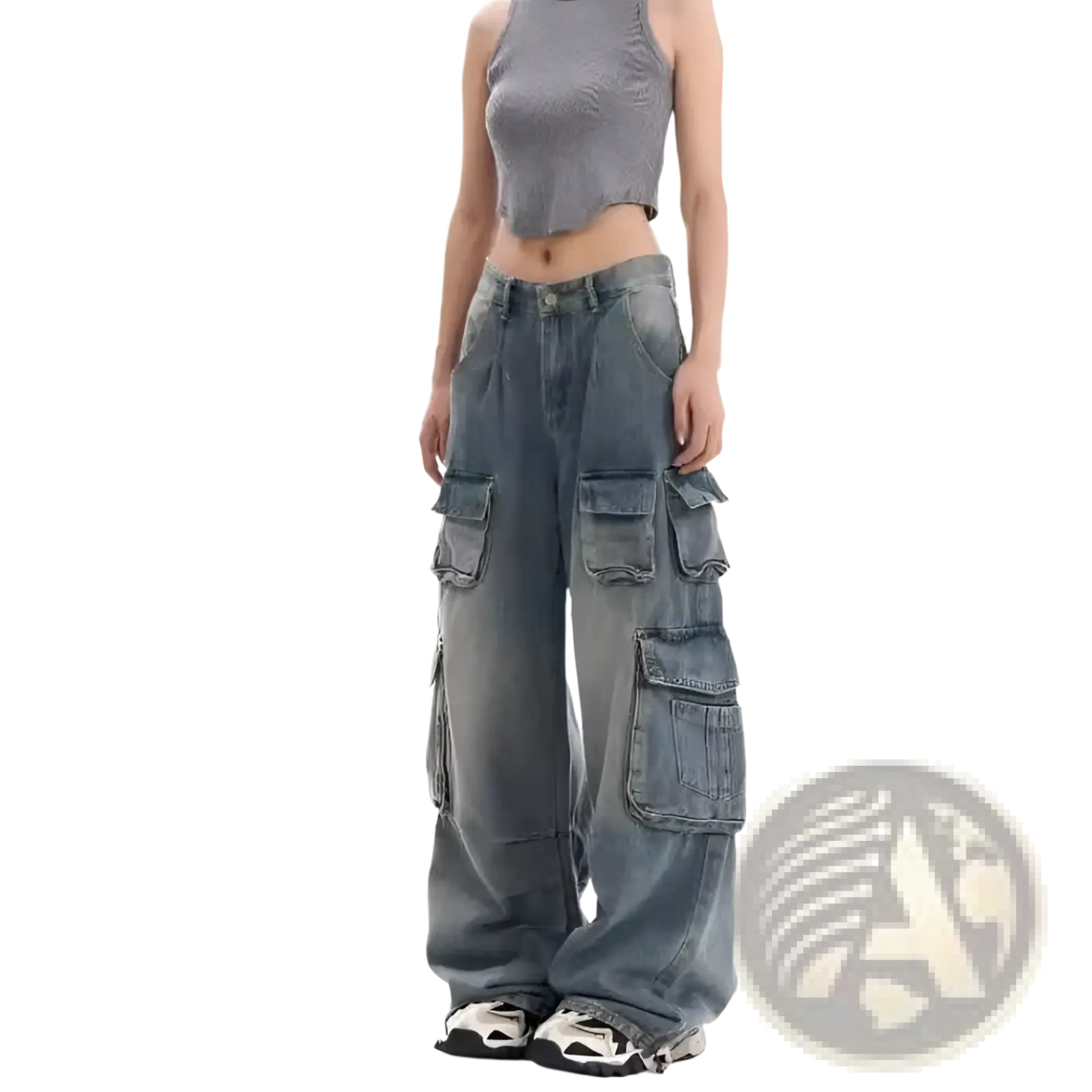 Distressed wide leg denim cargo pants in faded blue wash with multiple large pockets and wide leg fit