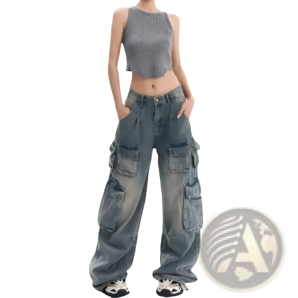 Distressed wide leg denim cargo pants in faded blue wash with multiple pockets made from durable denim fabric