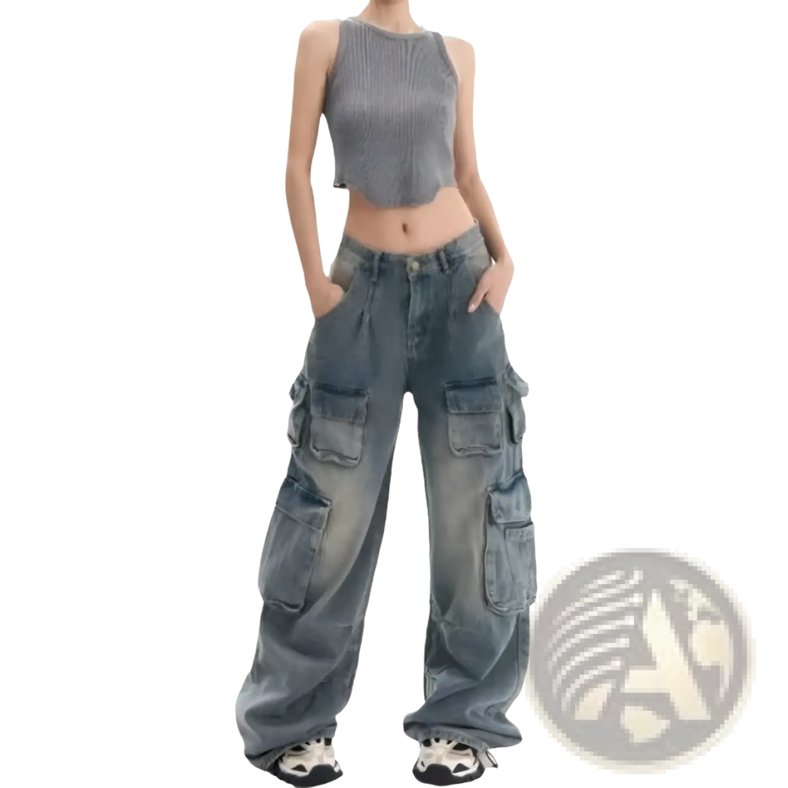Distressed wide leg denim cargo pants in faded blue wash with multiple pockets made from durable denim fabric