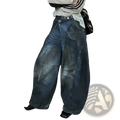 Distressed wide leg jeans in dark-wash denim with a relaxed fit and visible stitching details