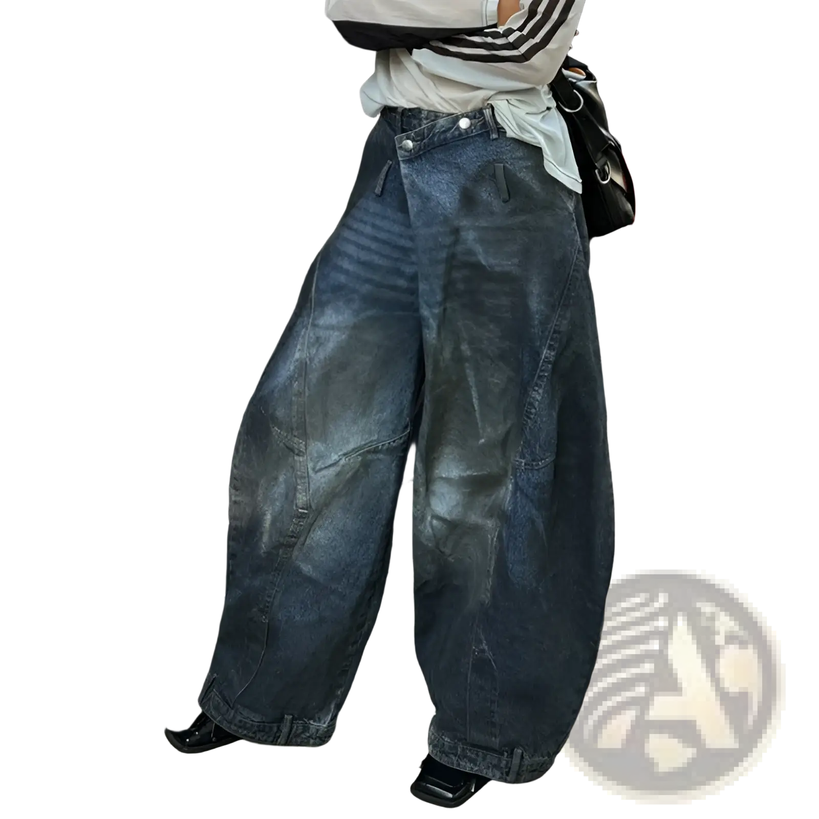 Distressed wide leg jeans in dark-wash denim with a relaxed fit and visible stitching details