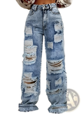 Distressed wide leg ripped jeans for women in high waisted light blue denim with multiple rips and frayed edges