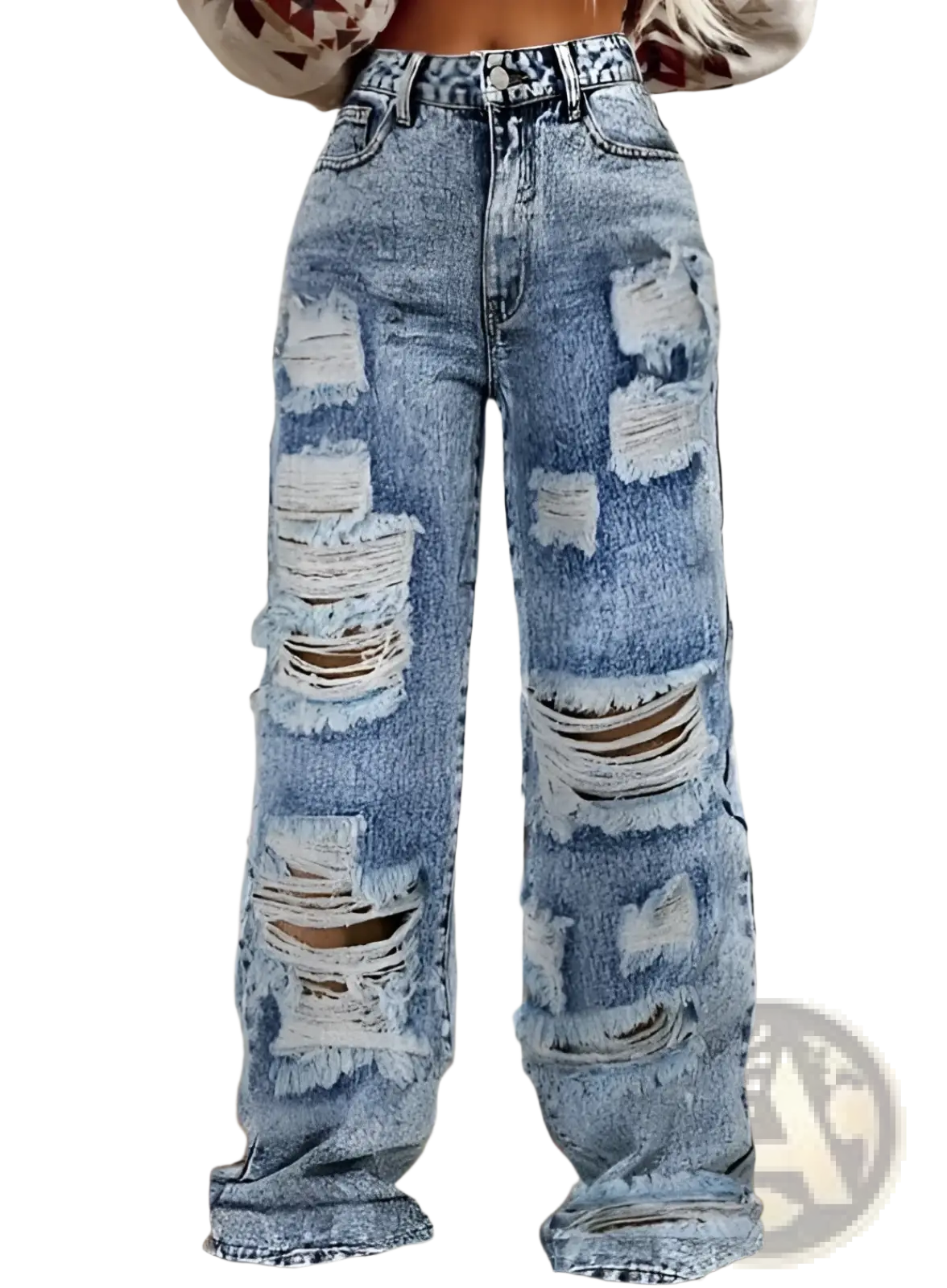 Distressed wide leg ripped jeans for women in high waisted light blue denim with multiple rips and frayed edges