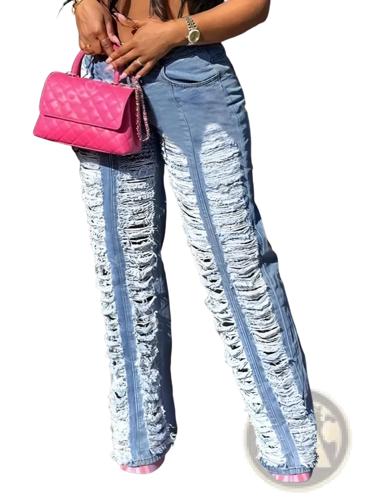 Pink quilted leather handbag with chain strap complementing distressed wide leg ripped jeans for women