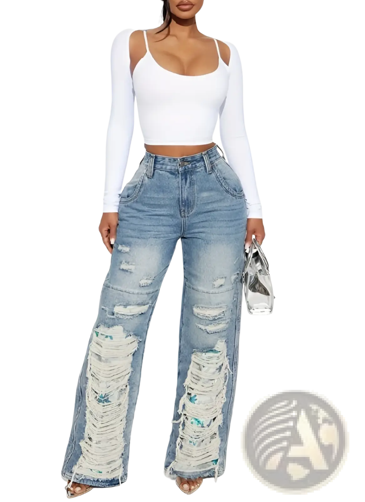 High-waisted distressed wide leg ripped denim jeans for women with frayed and ripped details along the legs