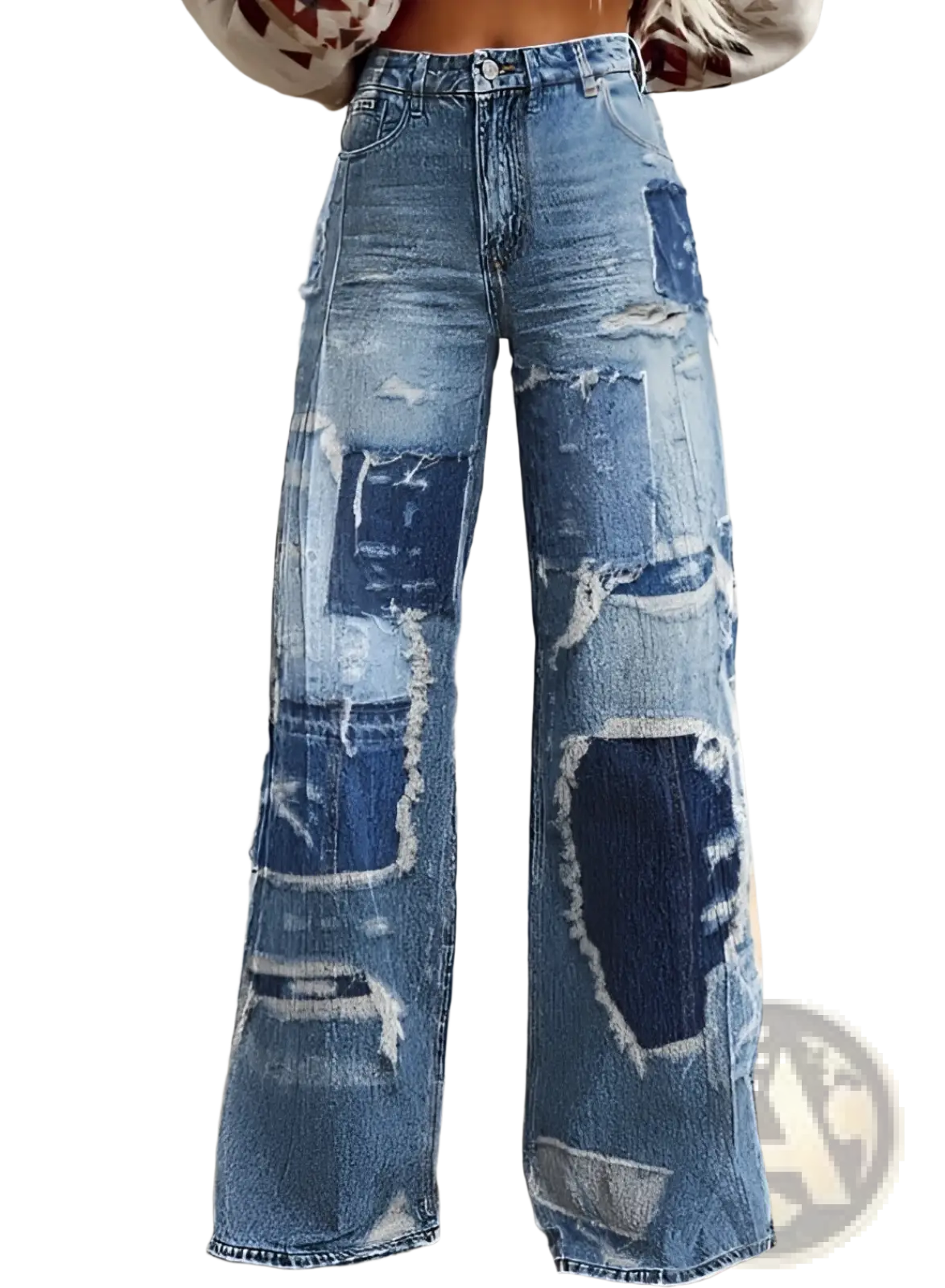 Distressed wide-leg ripped jeans for women in multiple shades of blue denim with patchwork and frayed edges