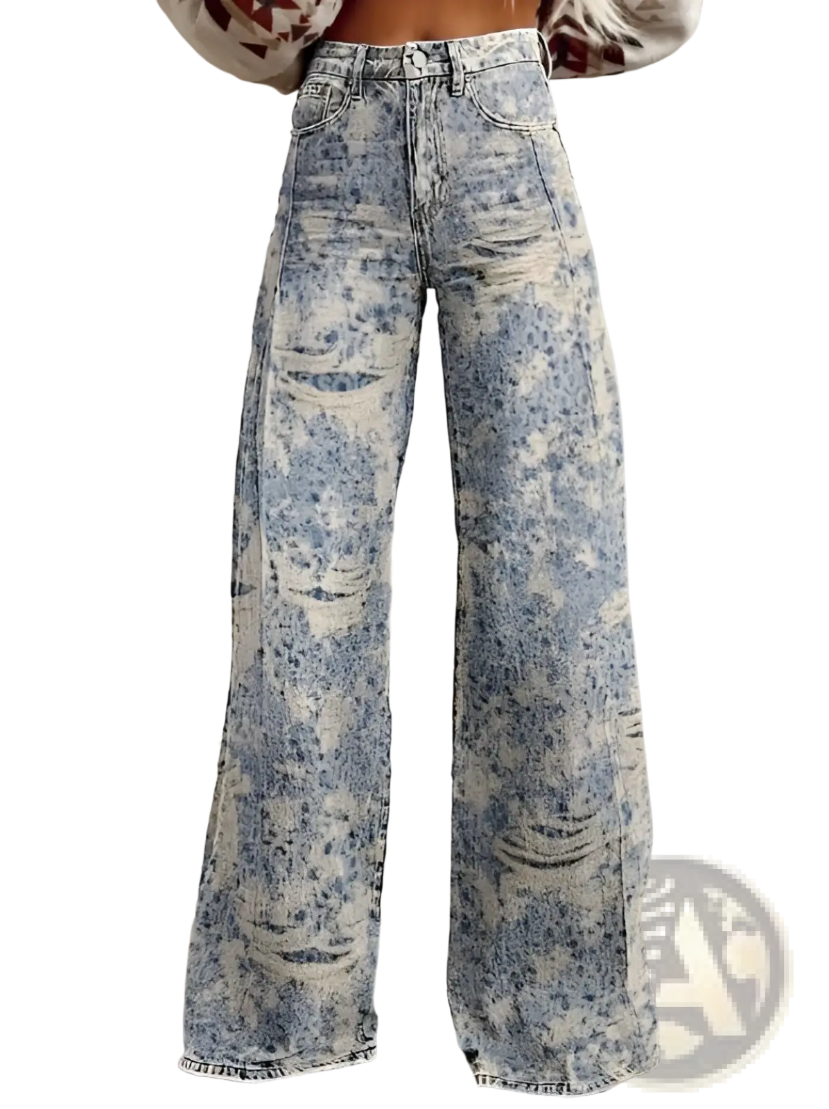 Distressed wide leg ripped jeans for women in faded blue and white denim with classic stitching and ripped details