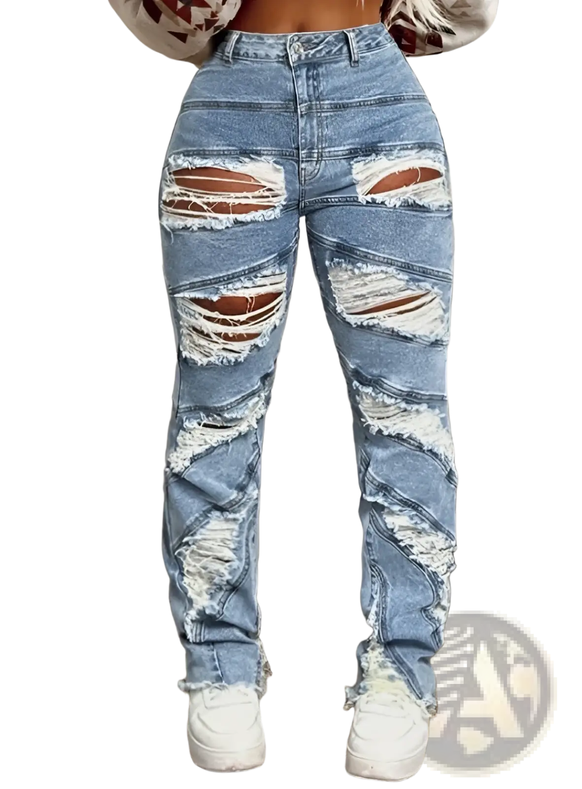 Distressed wide leg ripped jeans for women in light-wash denim with multiple ripped patches and frayed edges