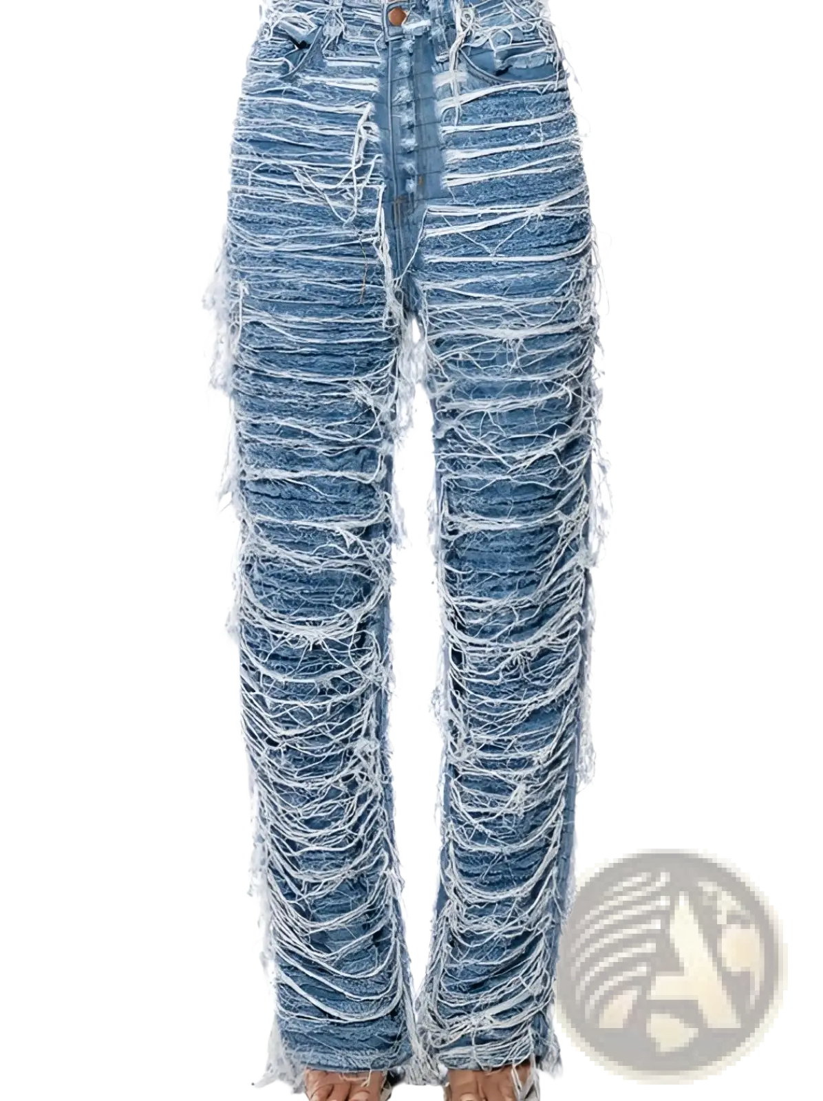 Distressed wide leg ripped blue denim jeans for women featuring heavily frayed shredded design along the legs