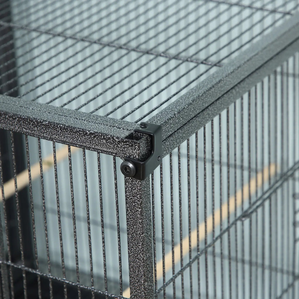 Black speckled metal divided breeder bird cage with locking corner joint for secure bird housing and breeding