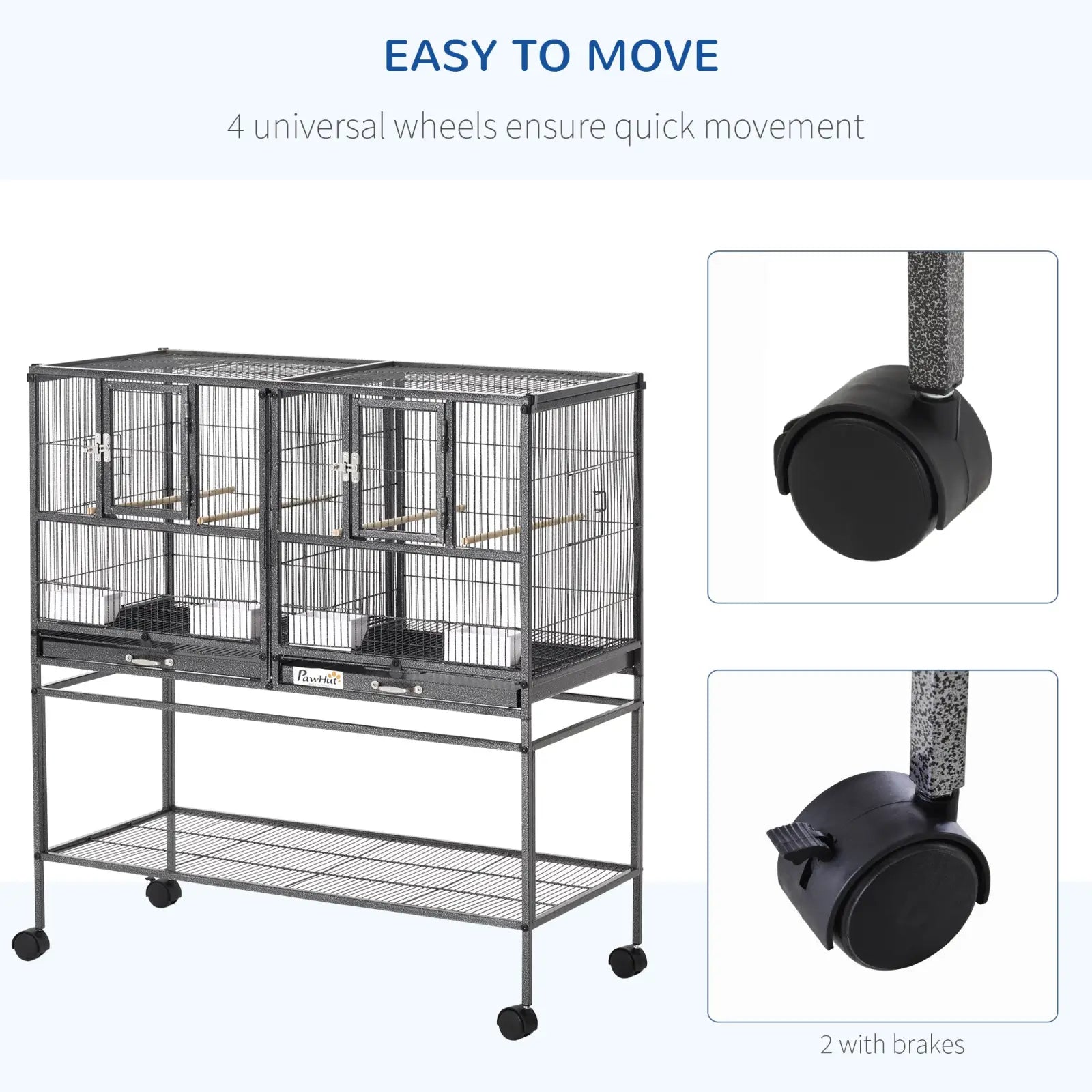Black metal divided breeder bird cage on black wheeled stand with four universal wheels and two brakes