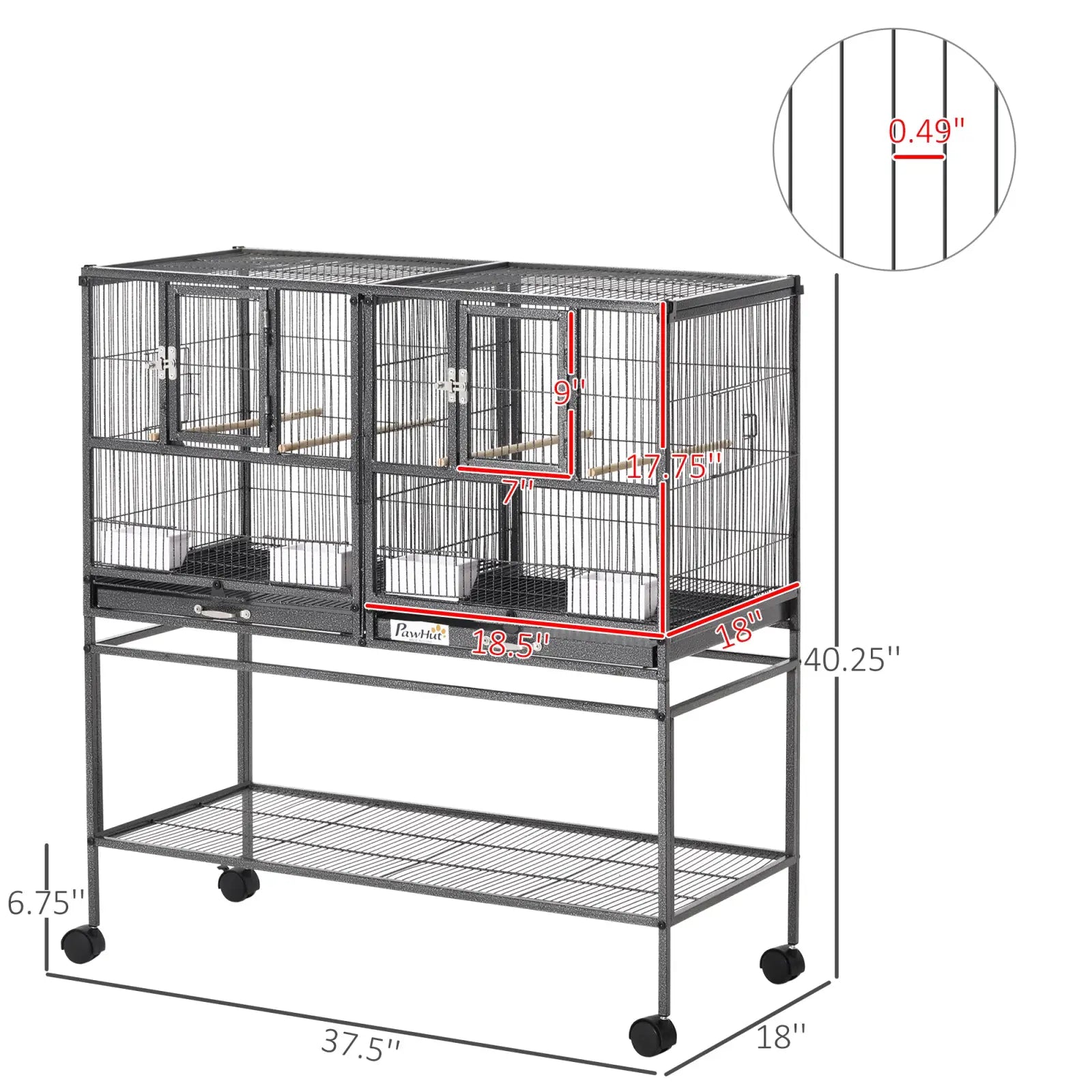 Black metal divided breeder bird cage with two sliding doors and perches mounted on a wheeled rolling stand
