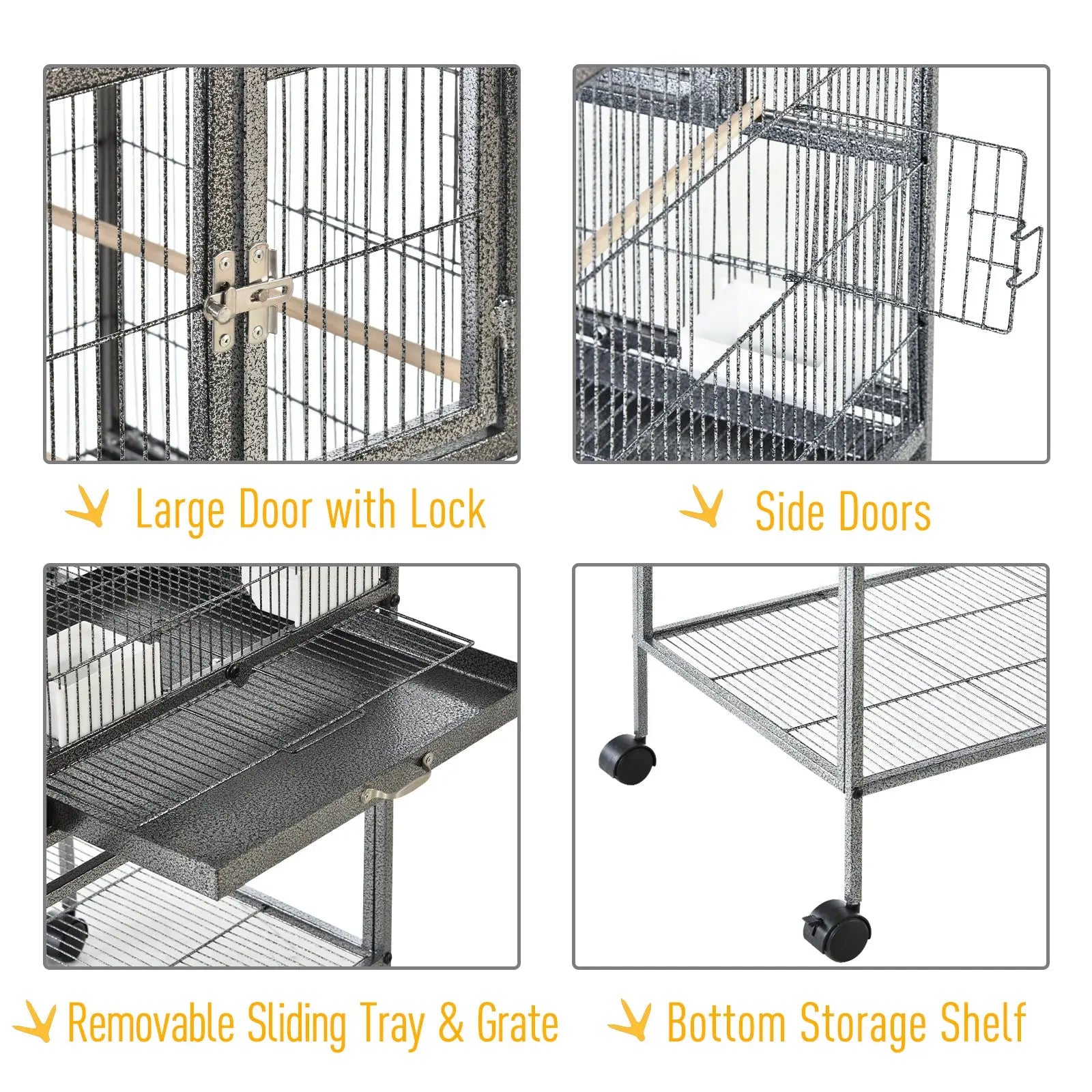 Gray metal divided breeder bird cage with sliding tray side doors and wheels on rolling stand for easy mobility