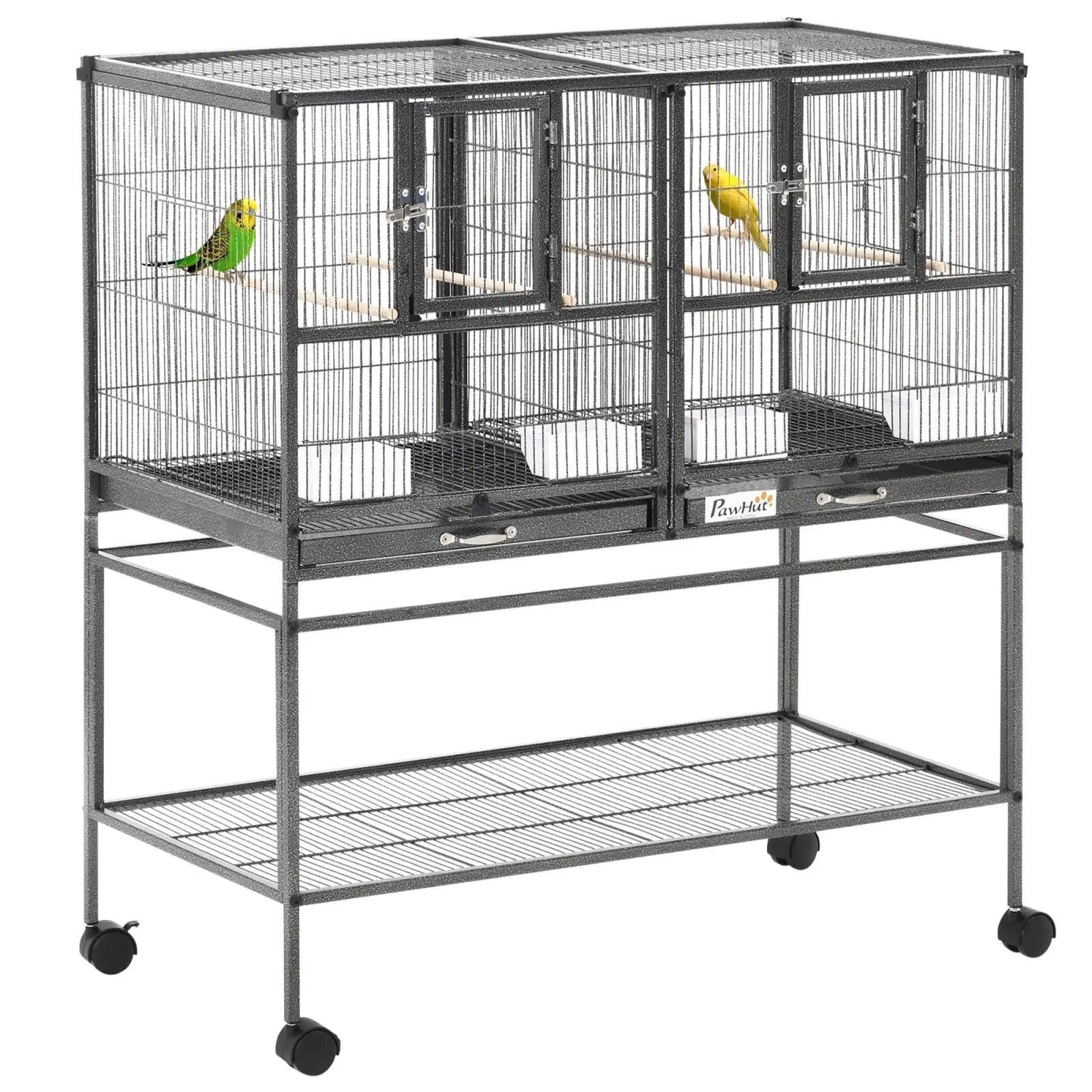Black metal divided breeder bird cage with two compartments housing a green and yellow parakeet on perches