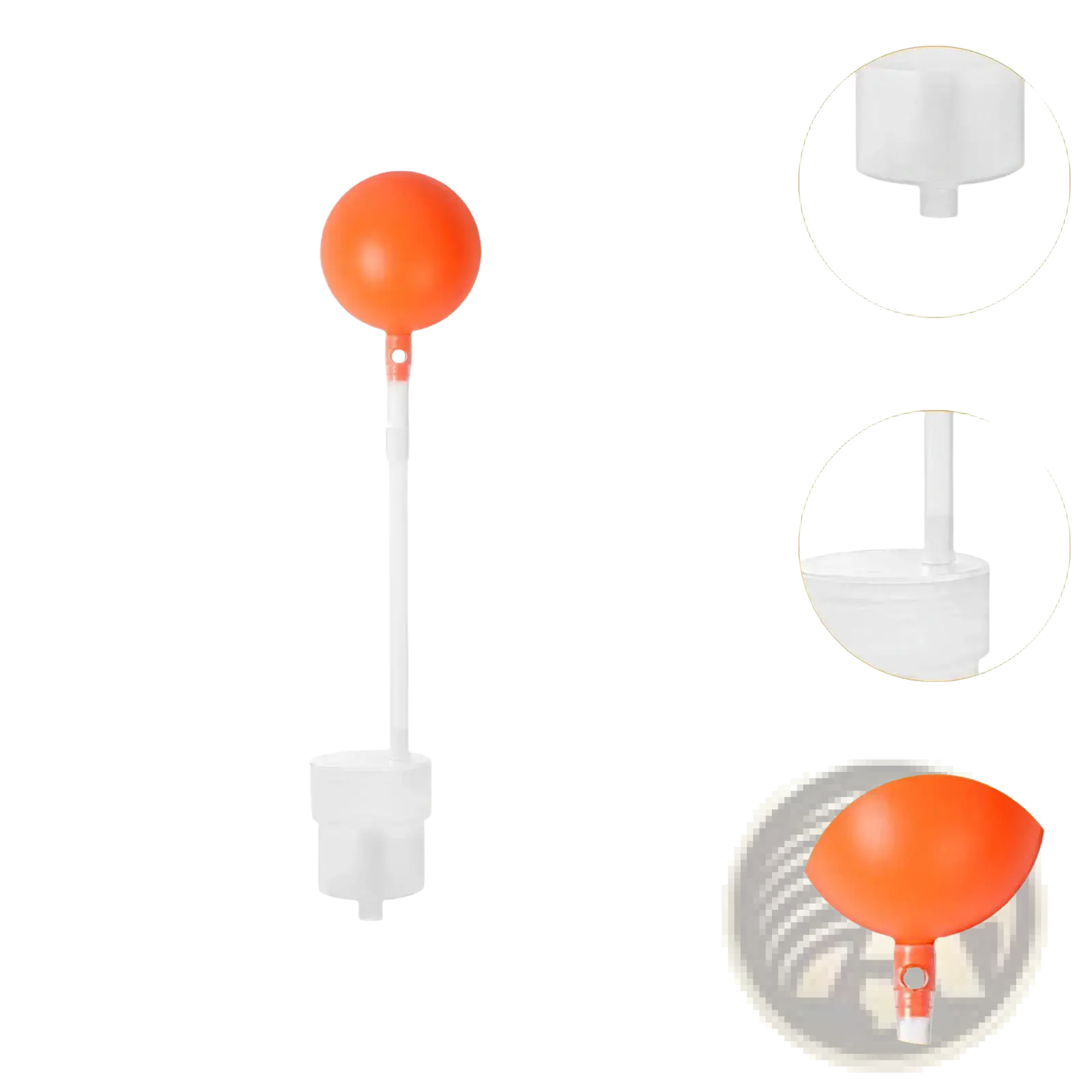 Bright orange spherical float attached to white plastic rod and base for diving intake pipe 30cm snorkeling accessory