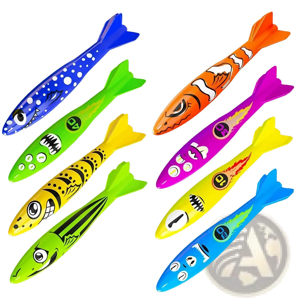 Brightly colored plastic fish-shaped water rockets with expressive faces and fins for diving toy set pool treasure hunt game props