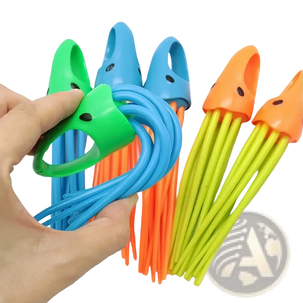 Brightly colored plastic squid-shaped diving toy set with long flexible tentacles for pool treasure hunt game props