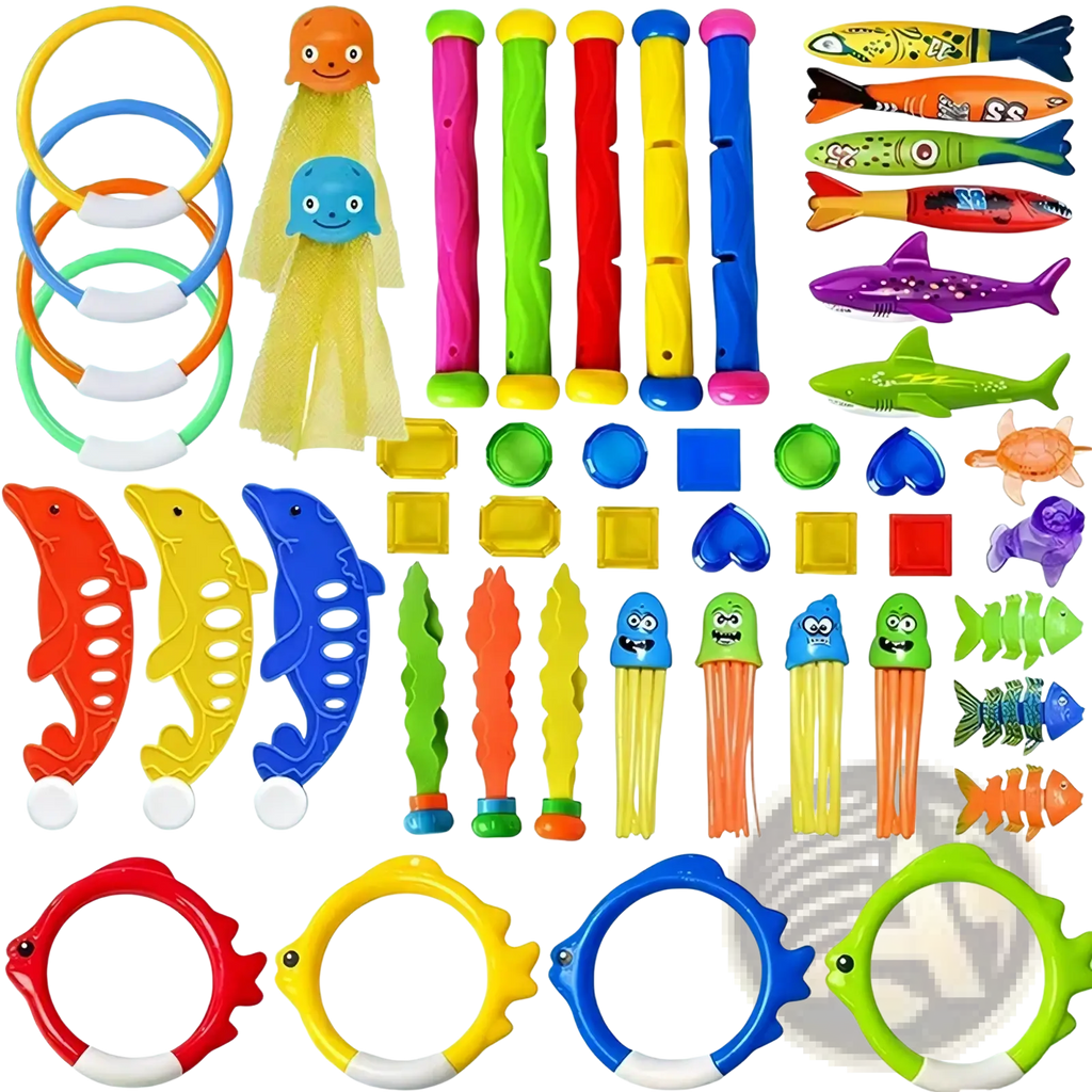 Diving toy set pool treasure hunt game props with brightly colored plastic fish dolphin shark and jellyfish shapes