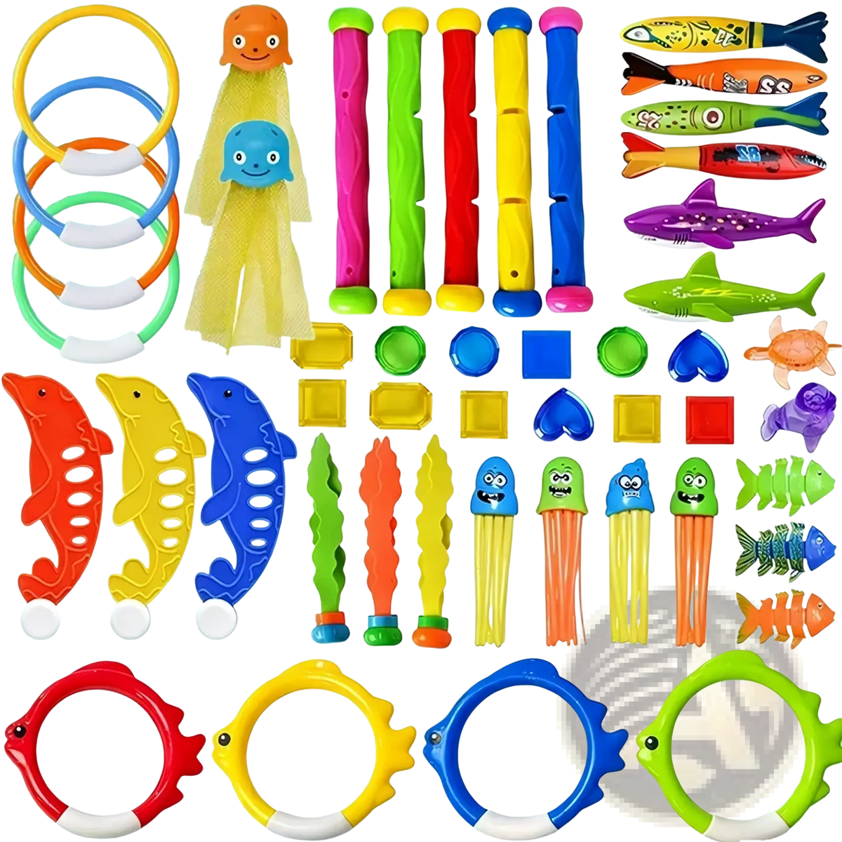 Diving toy set pool treasure hunt game props with brightly colored plastic fish dolphin shark and jellyfish shapes