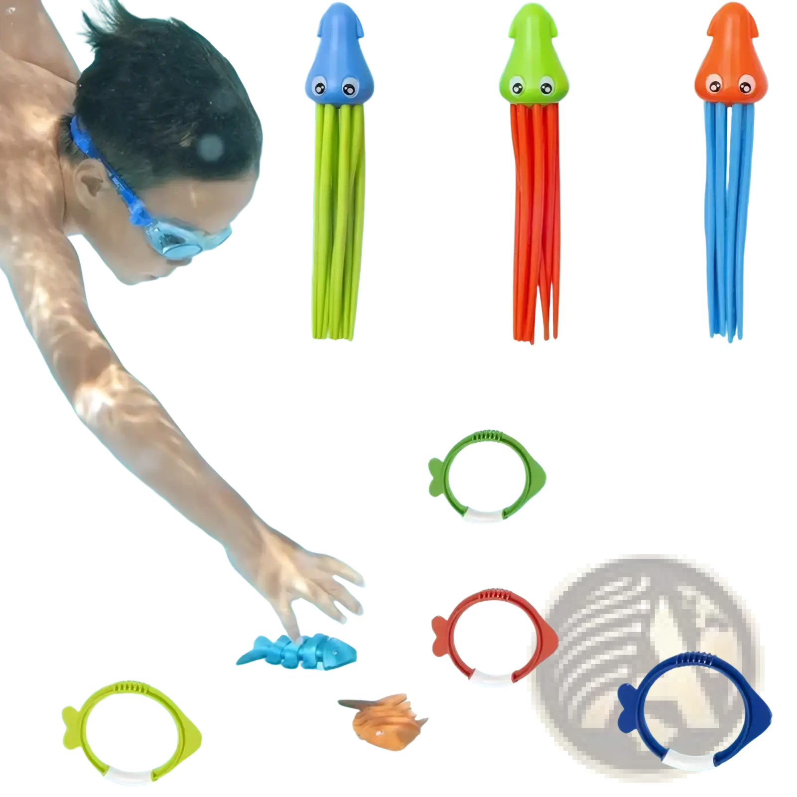 Colorful plastic squid and fish diving toy set with googly eyes for pool treasure hunt game props