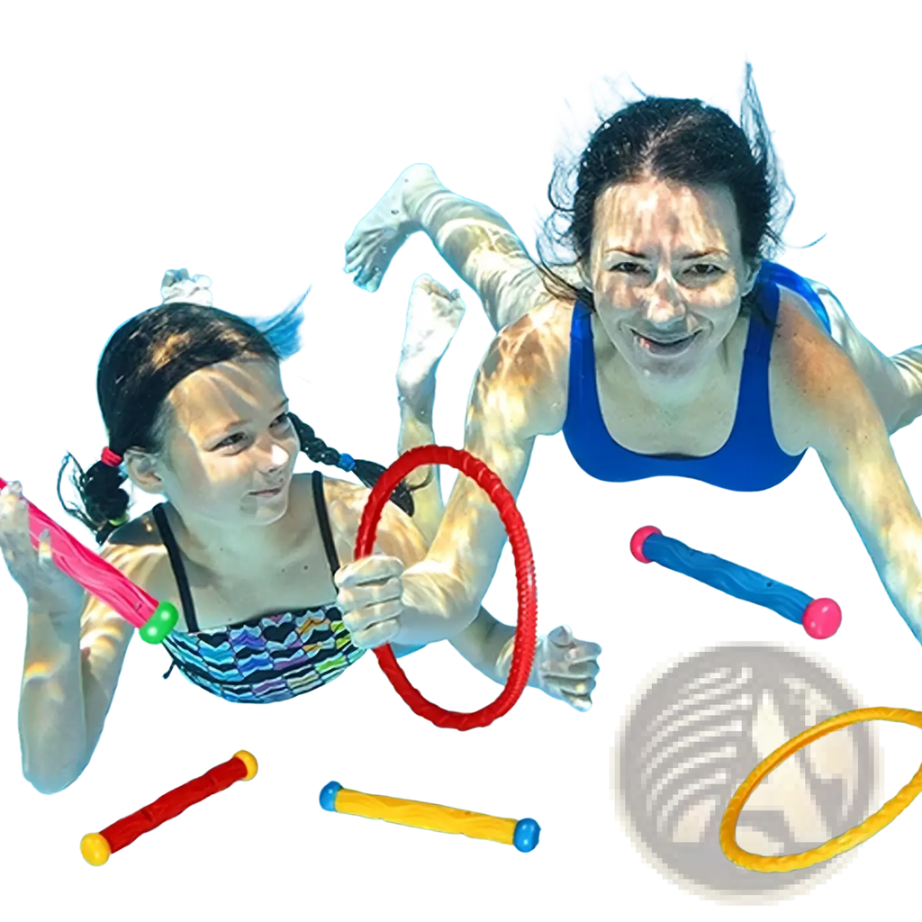 Colorful underwater swimming diving toy set pool treasure hunt game with red yellow blue rings and pink green handles
