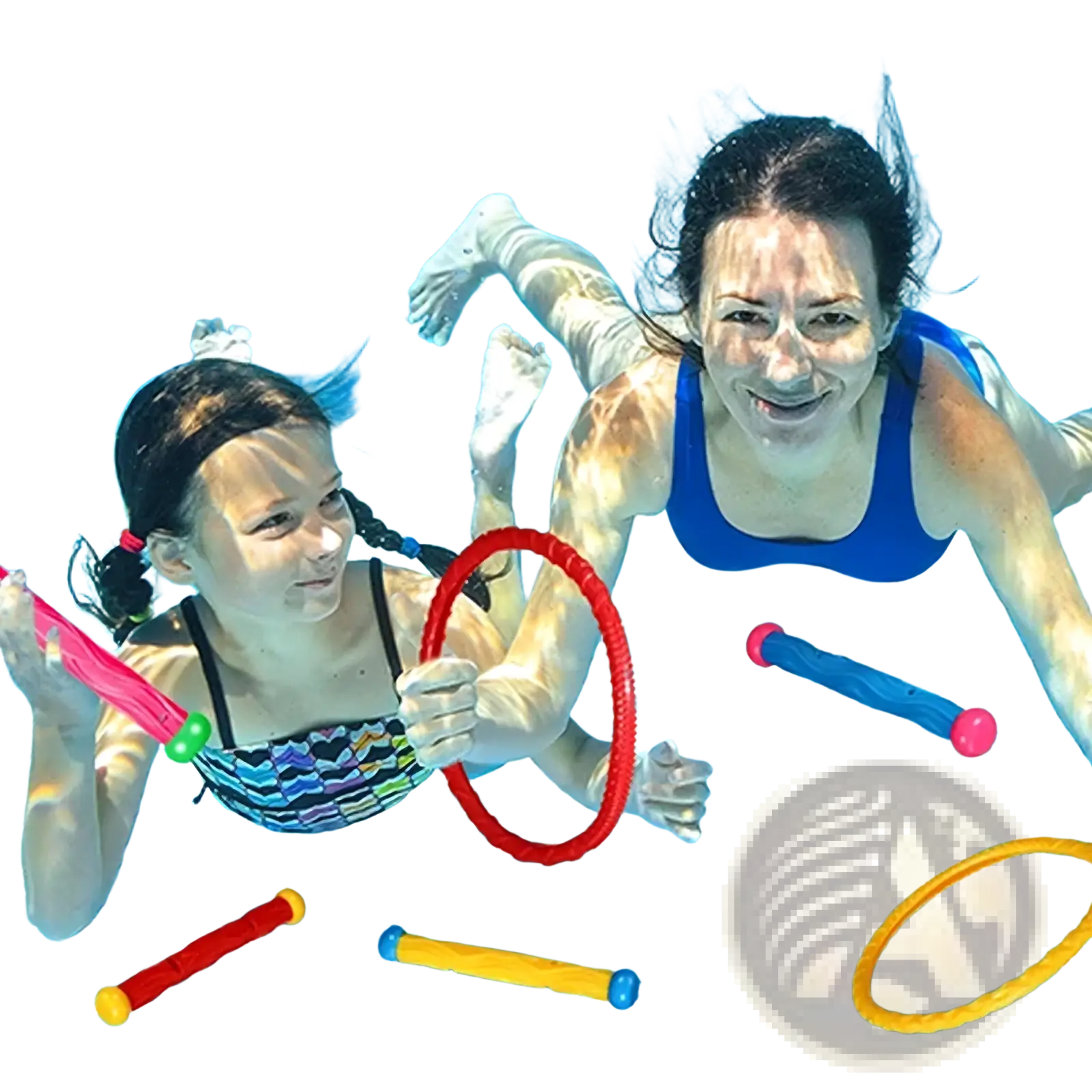 Colorful underwater swimming diving toy set pool treasure hunt game with red yellow blue rings and pink green handles
