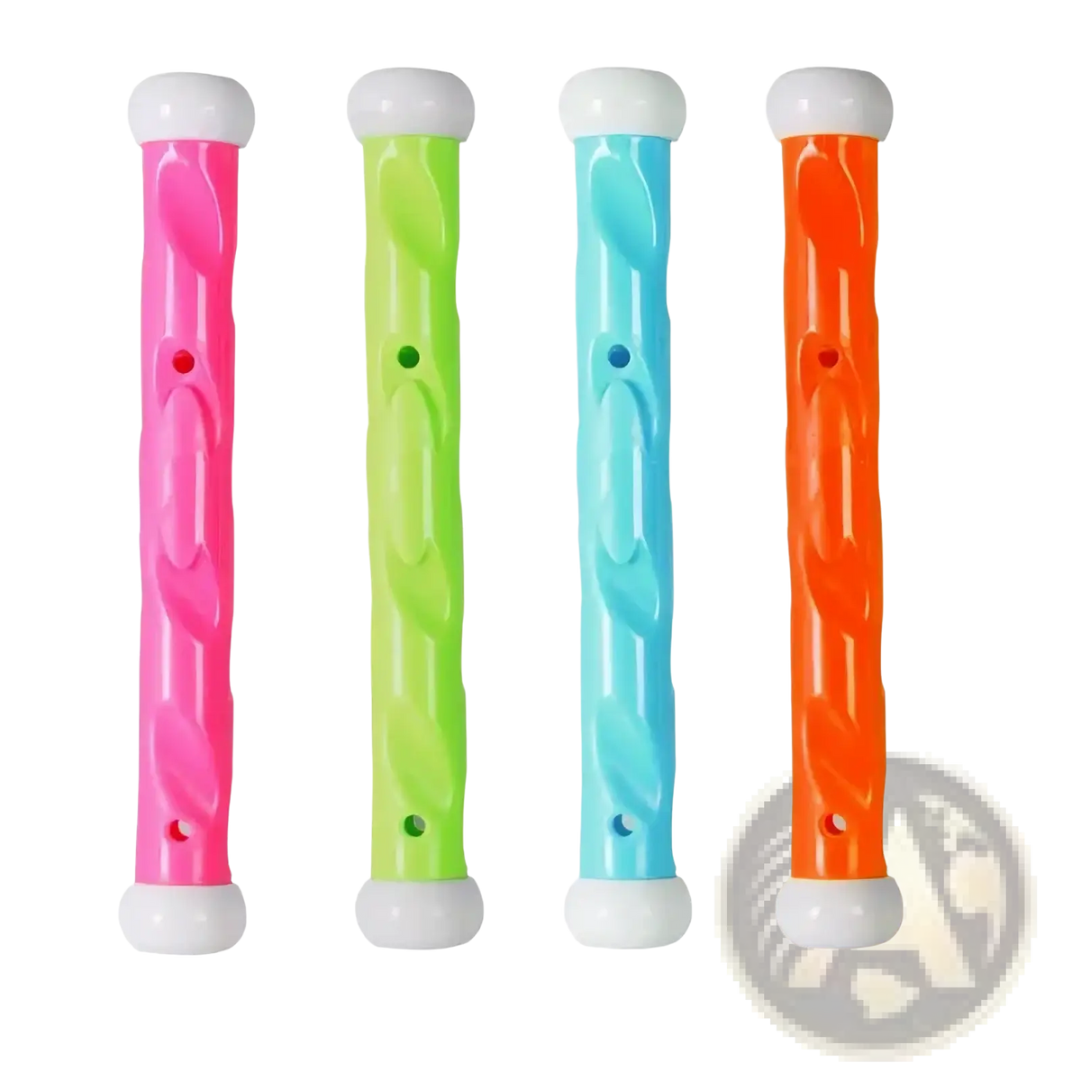 Four brightly colored translucent plastic diving toys with twisted designs and white caps for pool treasure hunt game
