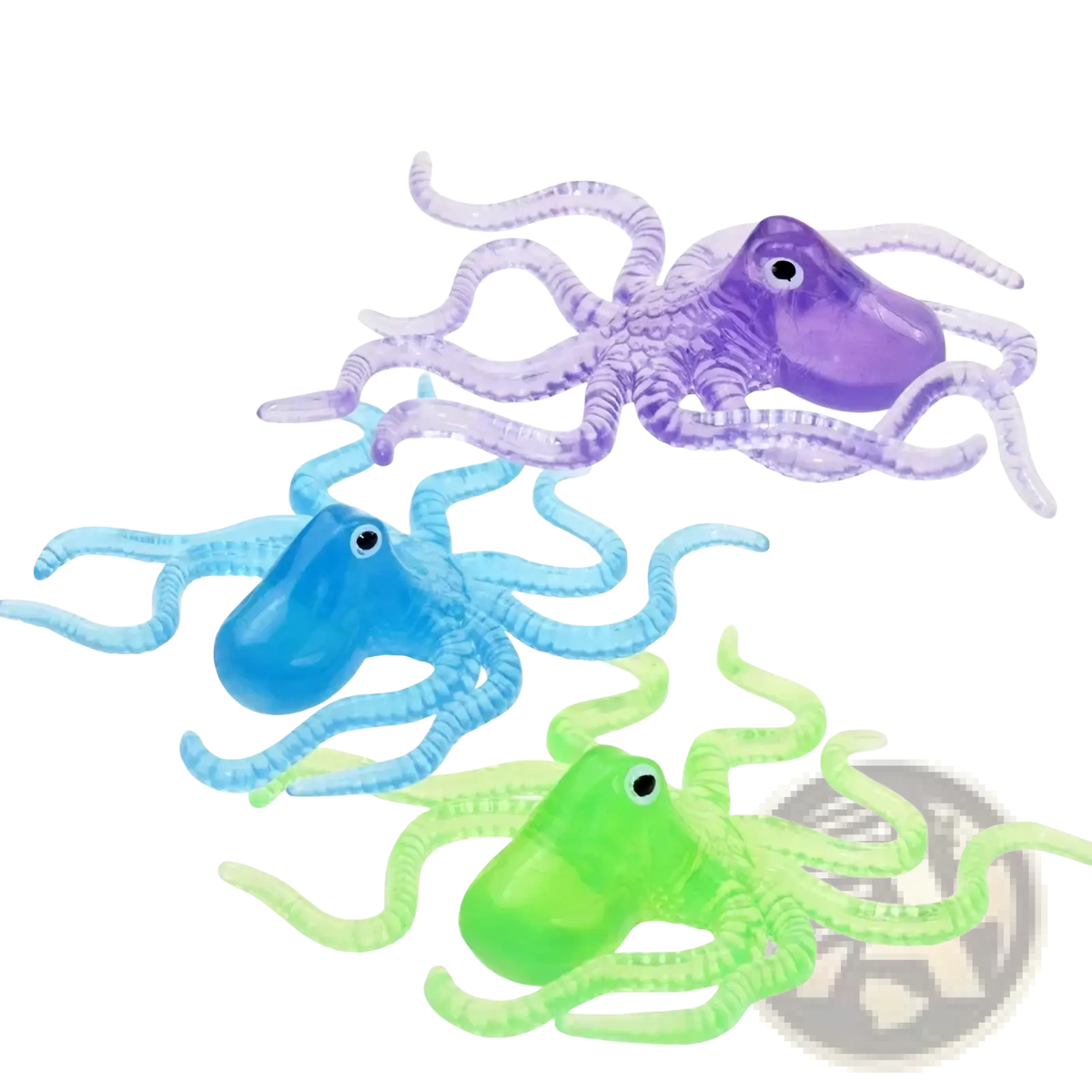 Three translucent plastic octopuses in purple blue and green for diving toy set pool treasure hunt game props