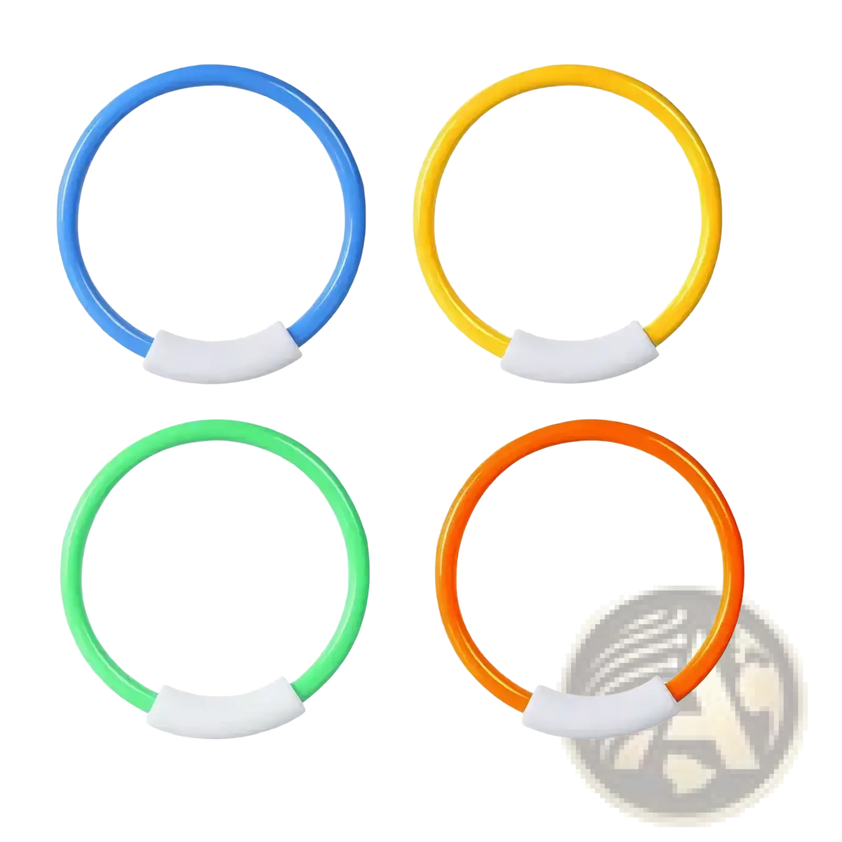Set of four colorful plastic swim rings in blue yellow green and orange with white handles for pool treasure hunt game props