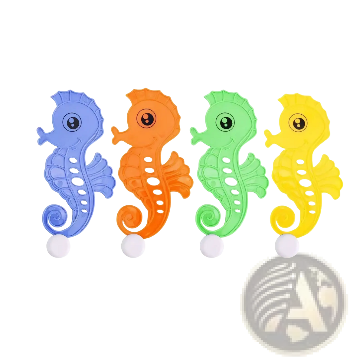 Four colorful plastic seahorse bath toys with white suction cups and black eyes for diving toy set pool treasure hunt game props