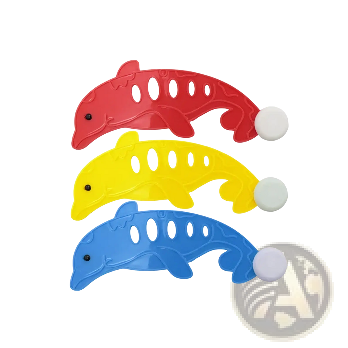 Set of three colorful plastic dolphin magnetic wall hooks in red yellow and blue for diving toy pool treasure hunt game props