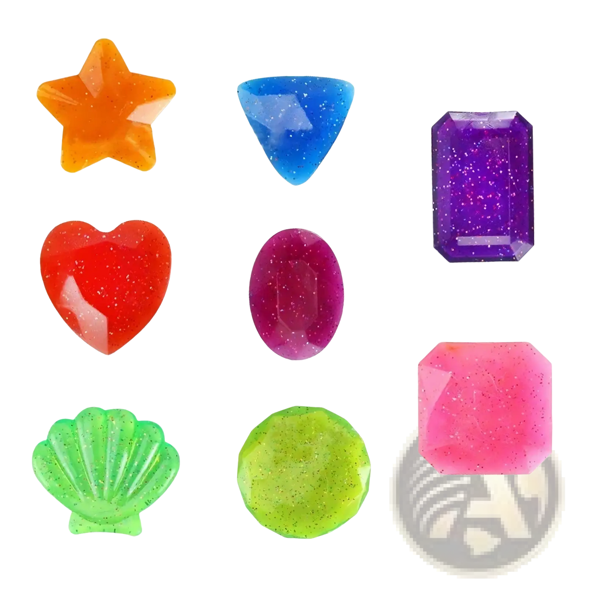 A diving toy set pool treasure hunt game featuring colorful glittery resin gemstones in star heart and shell shapes