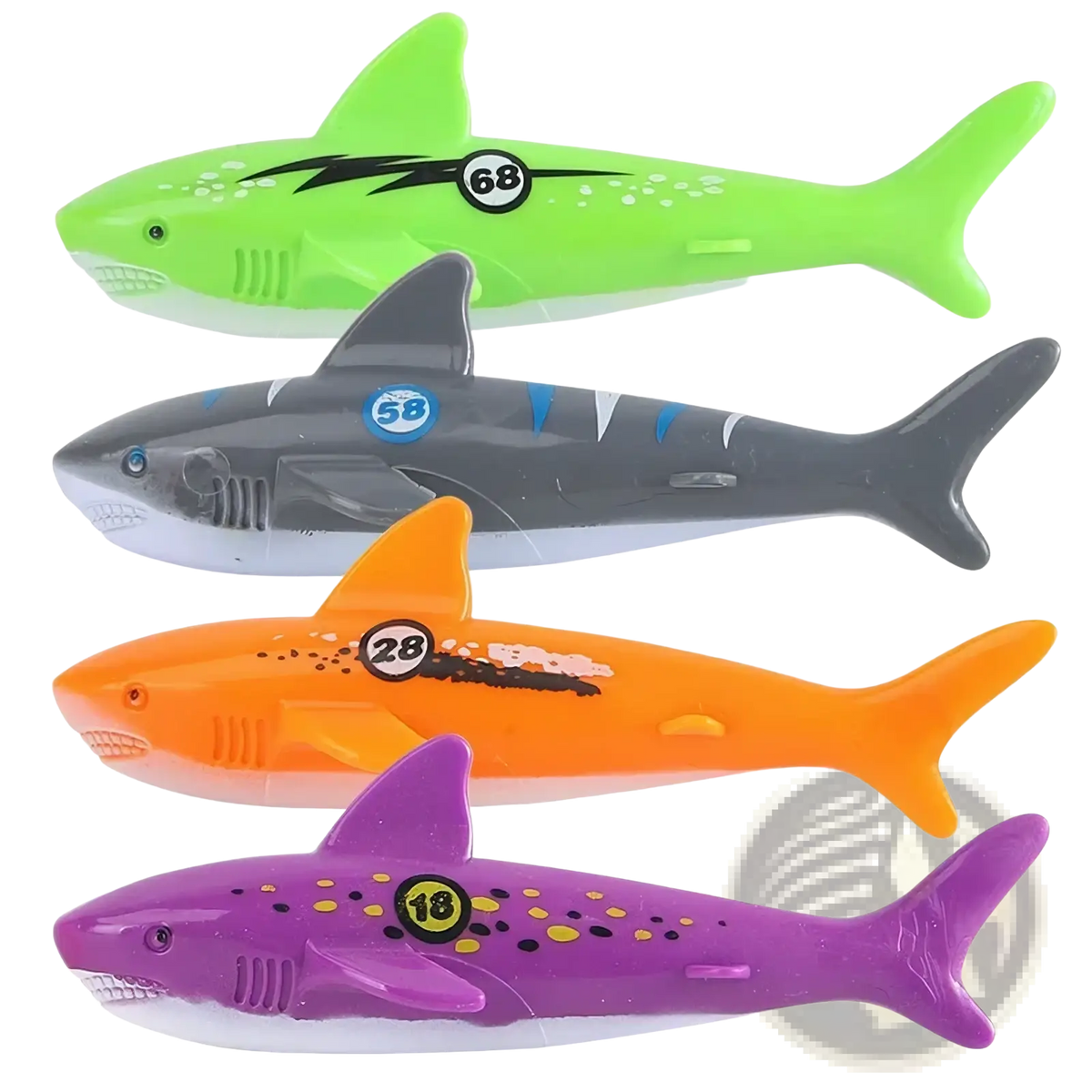 Four brightly colored plastic toy sharks in lime green gray orange and purple with numbers for diving toy set pool game