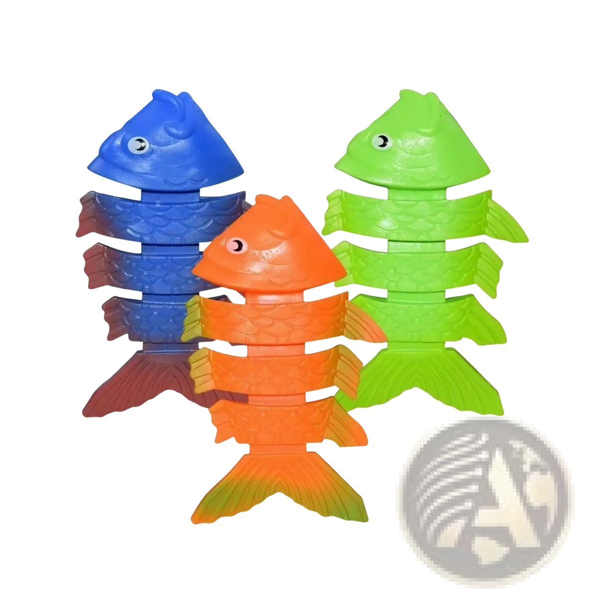 Three colorful plastic fish-shaped stacking toys with segmented bodies and simple eyes for diving toy set pool games