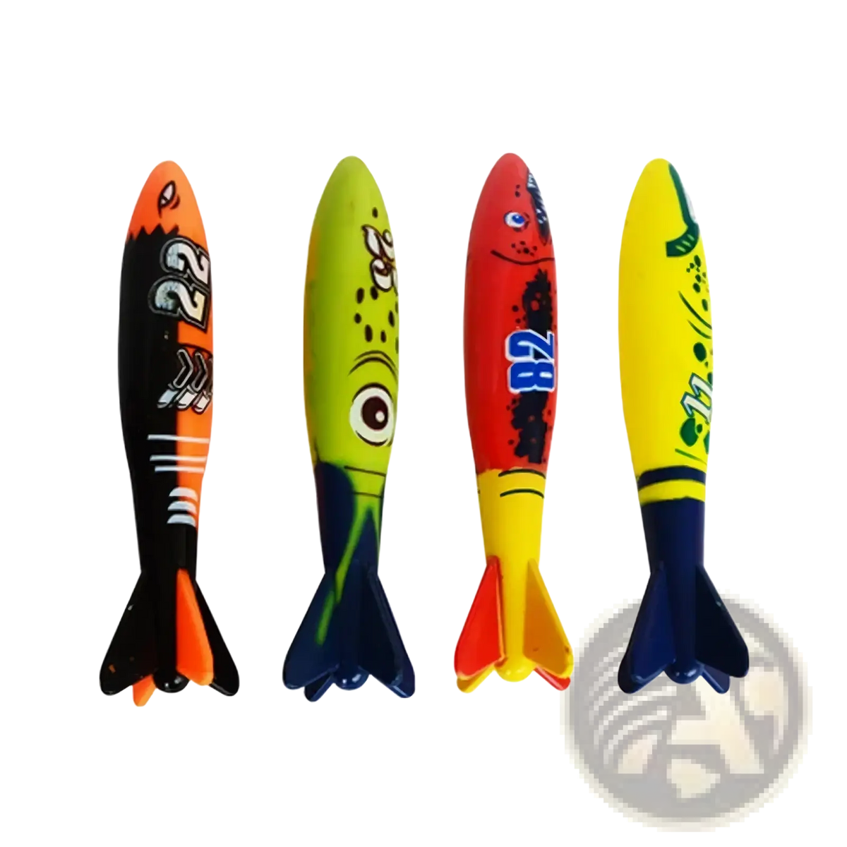 Four colorful cartoonish water rocket toys with vibrant plastic fins from diving toy set pool treasure hunt game props