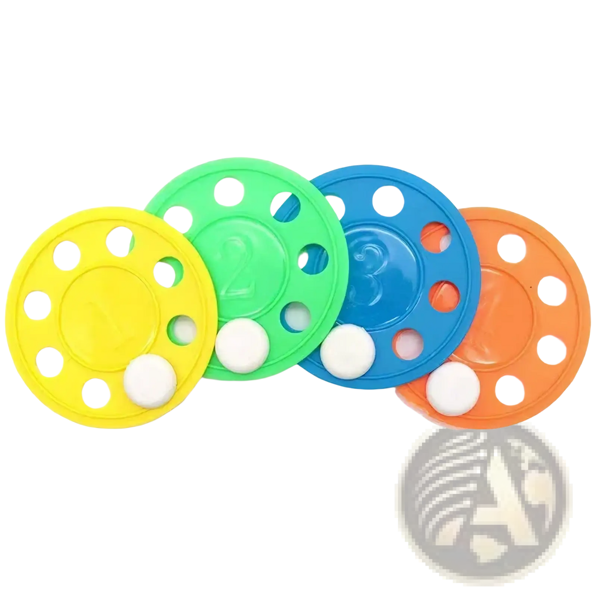 Brightly colored plastic circular discs with numbered holes and white balls for diving toy set pool treasure hunt game props