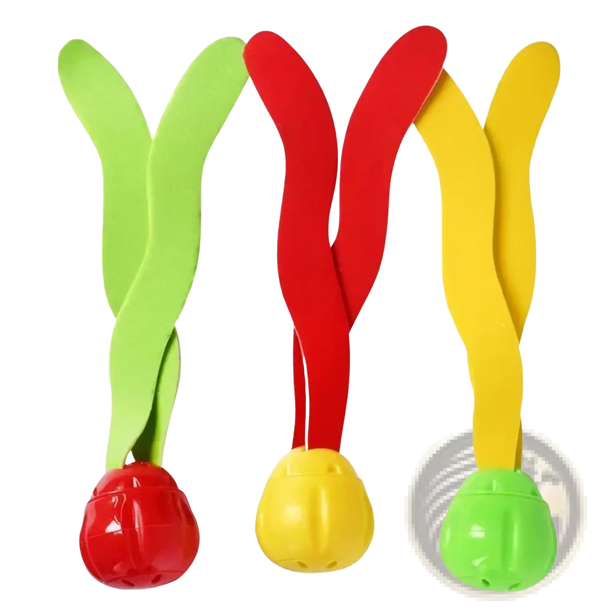 Set of three colorful plastic ladybug diving toys with leafy stems for pool treasure hunt game props