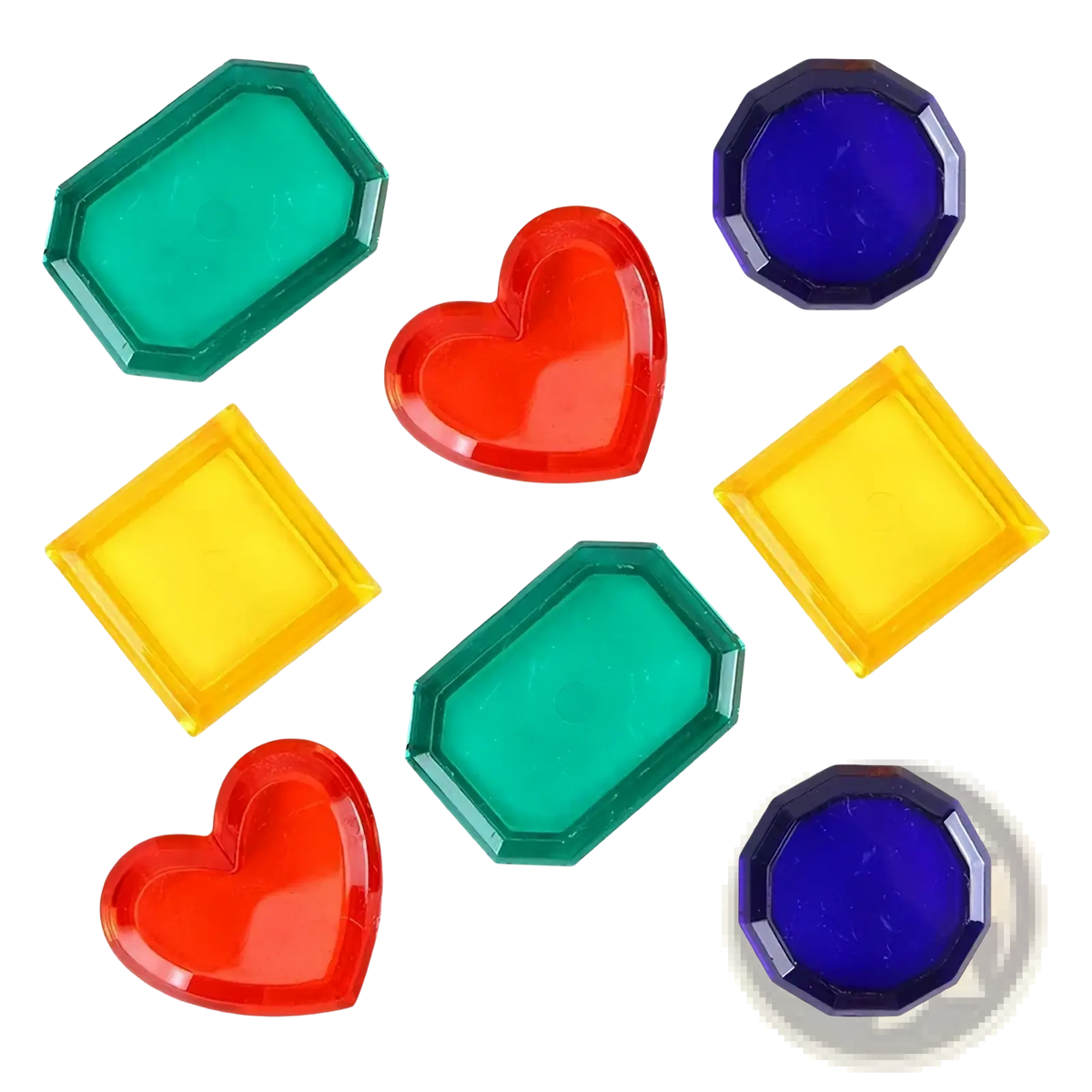 Vibrant translucent plastic gems in heart and geometric shapes with faceted edges for diving toy set pool treasure hunt game props