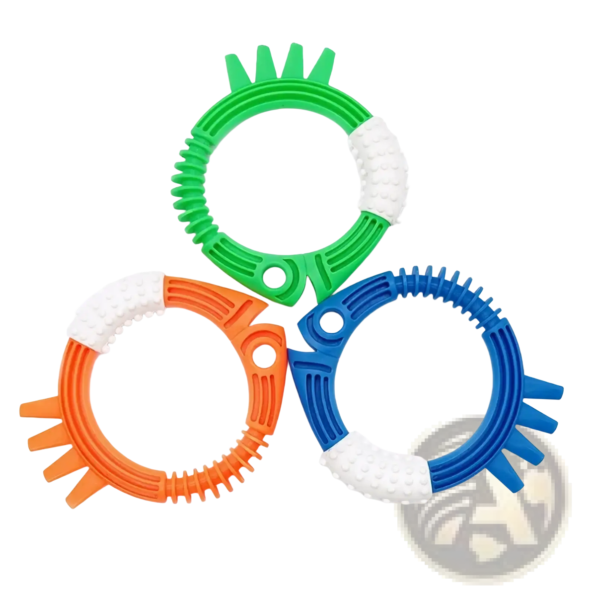 Brightly colored green orange and blue silicone teething rings with white textured sections for diving toy set pool game props