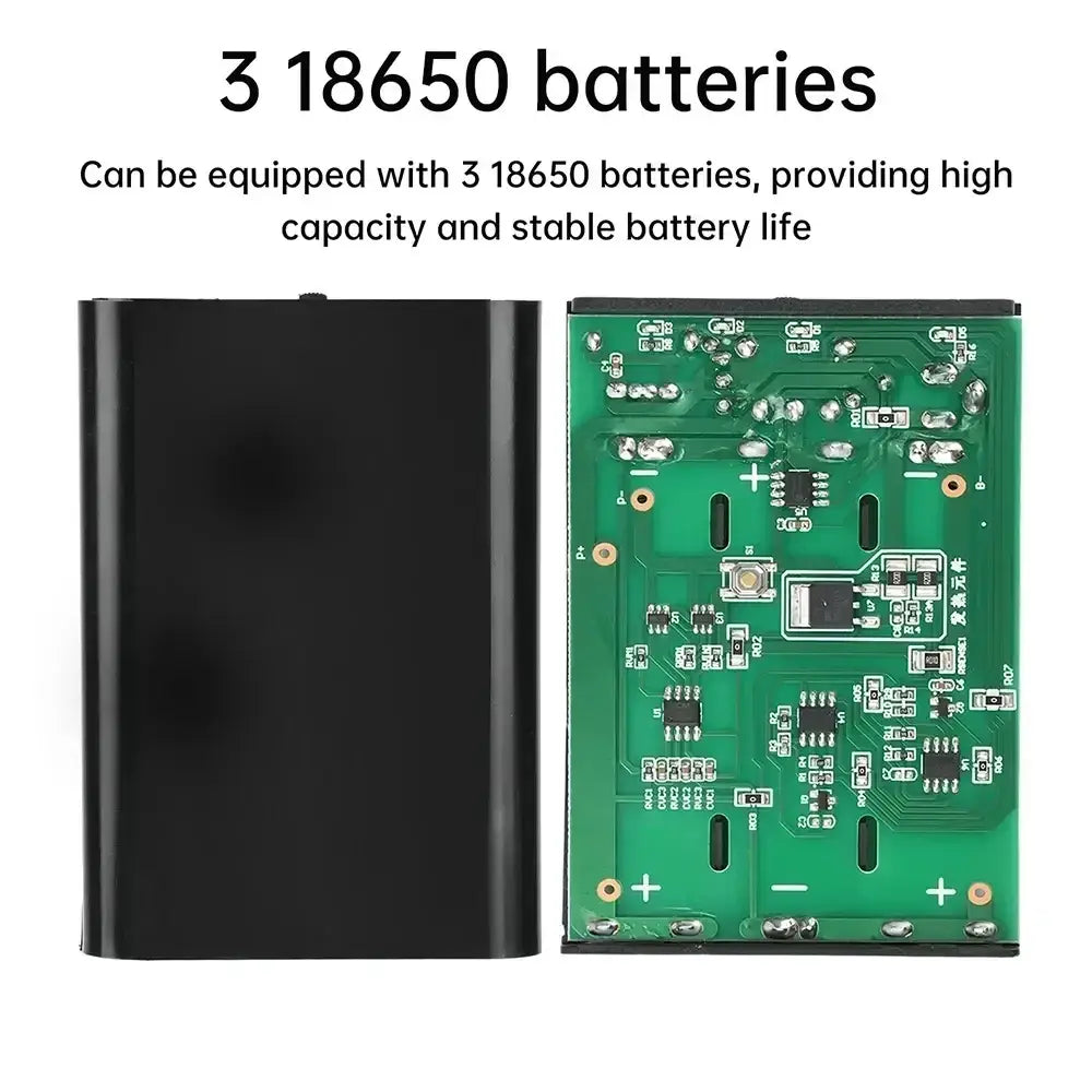 Black rectangular diy 18650 power bank shell with green circuit board and silver components showing internal charging current