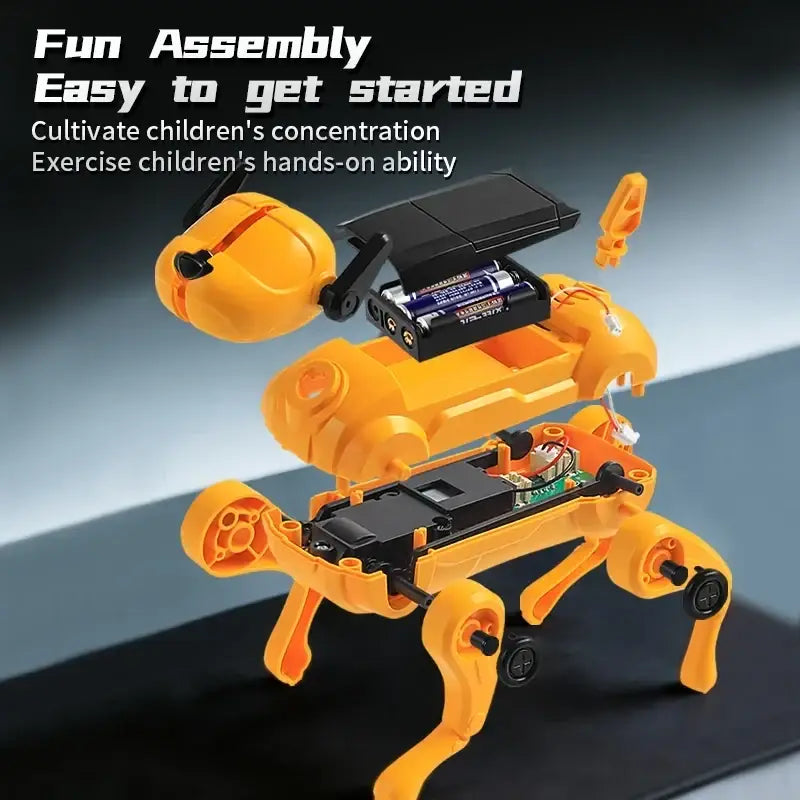 Bright orange abs plastic diy assembled dog robot toy with black components and a solar panel from mainland China
