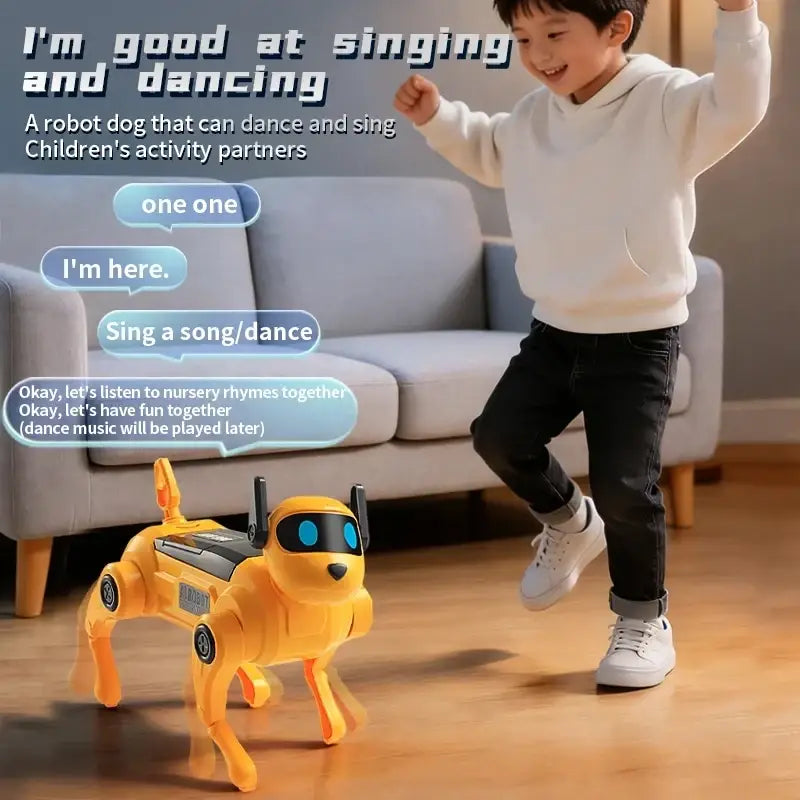 Bright yellow abs plastic diy assembled dog robot toy with blue glowing eyes and voice control for children’s play from mainland China