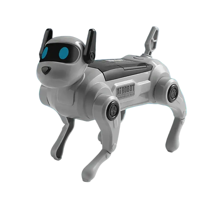 Gray and black diy assembled dog robot toy with blue glowing eyes made of abs plastic from mainland China