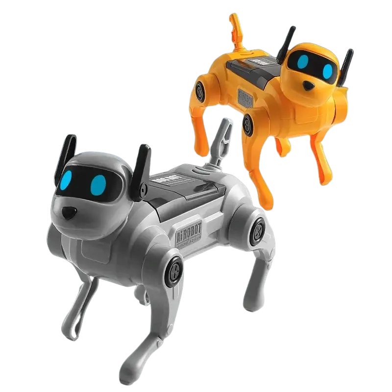 Diy assembled dog voice control abs plastic robot toy with gray and orange body and blue glowing eyes from mainland china