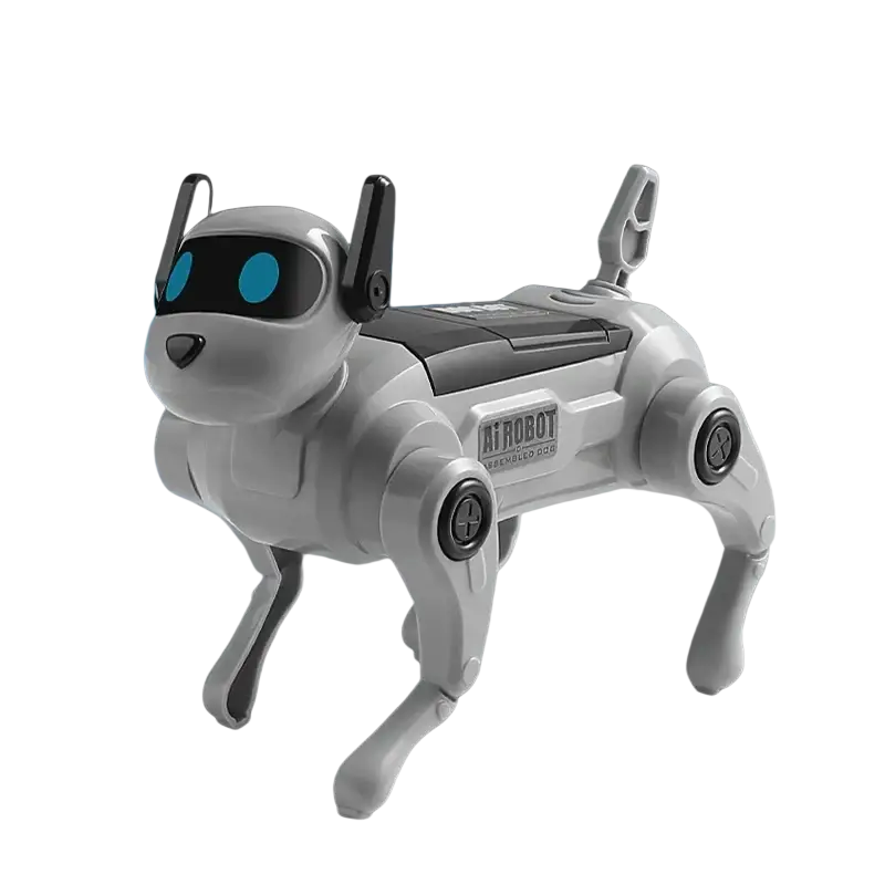 Grey diy assembled dog robot toy with blue glowing eyes abs plastic body for voice control made in mainland china