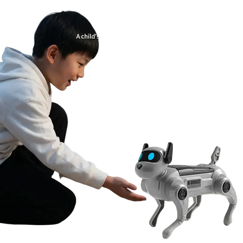 Diy assembled dog robot toy from mainland china with abs plastic body, white metallic finish, blue glowing eyes, and black accents