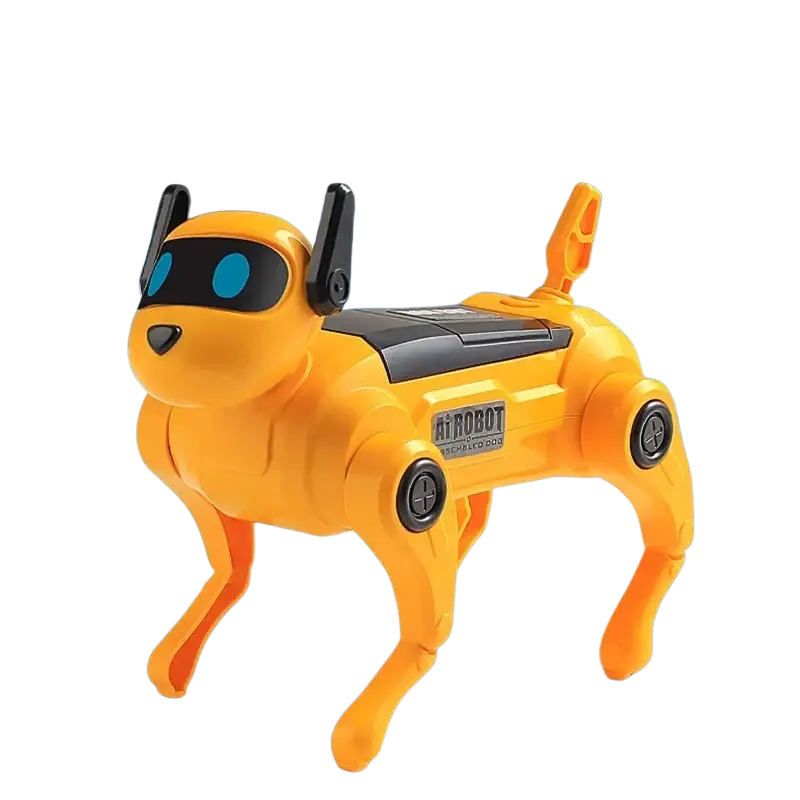 Yellow diy assembled dog voice control abs plastic robot toy with black accents blue eyes and solar panel from mainland china