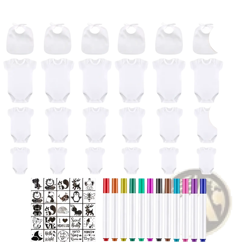 Set of six white cotton baby onesies and bibs with 22 customizable stickers and twelve colorful marker pens for decorating